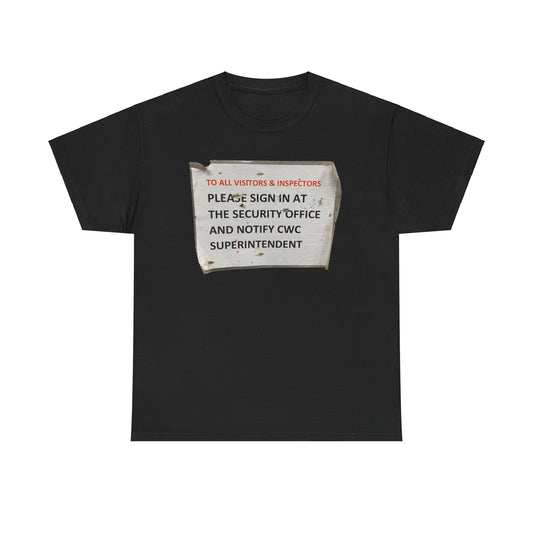 Visitors & Inspectors Sign In T-Shirt | Security Office Notification Tee | Funny Workplace Safety Sign Shirt | Industrial Warning Graphic | Construction Site Apparel